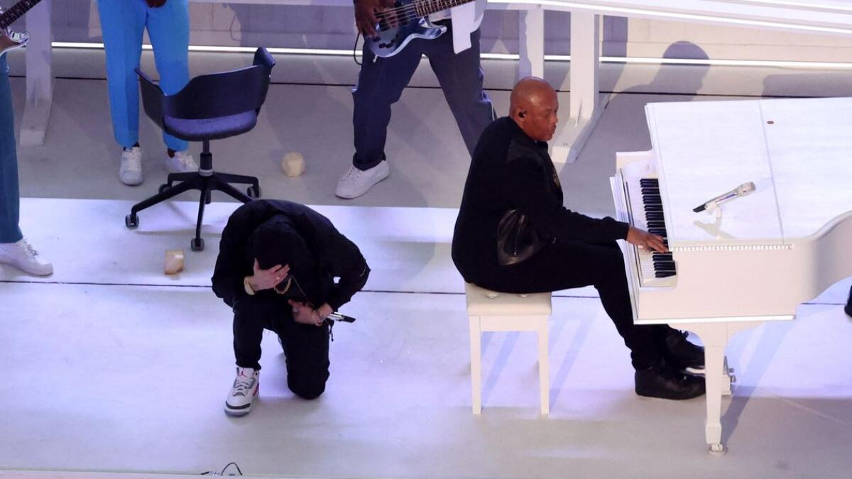 Eminem kneels at Super Bowl's high-wattage hip-hop halftime show