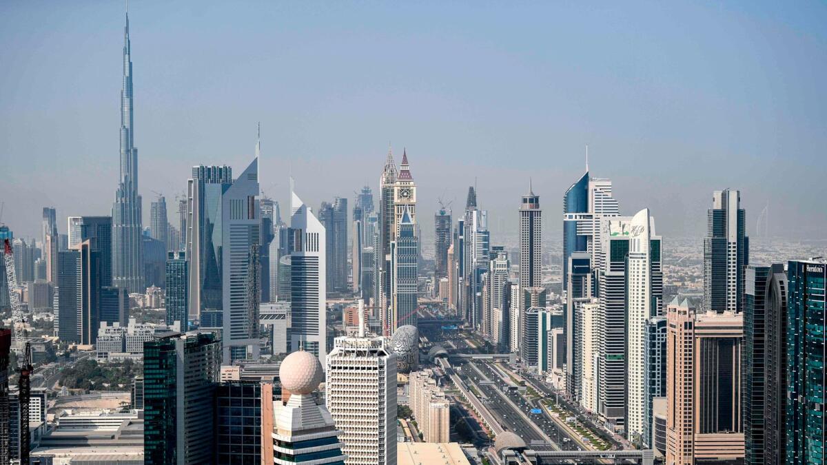 An aerial view of the Sheikh Zayed Road. The off-plan market transacted 4,392 properties worth Dh8.5 billion in August, the highest monthly transaction in 12 years. — AFP file photo