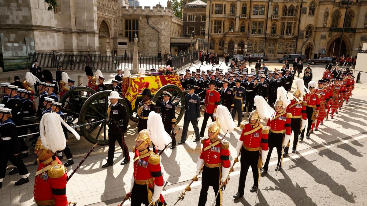 The procession begins; the Queen's coffin makes it way from Westminster Abbey to Wellington Arch, and then onwards to Windsor Castle.