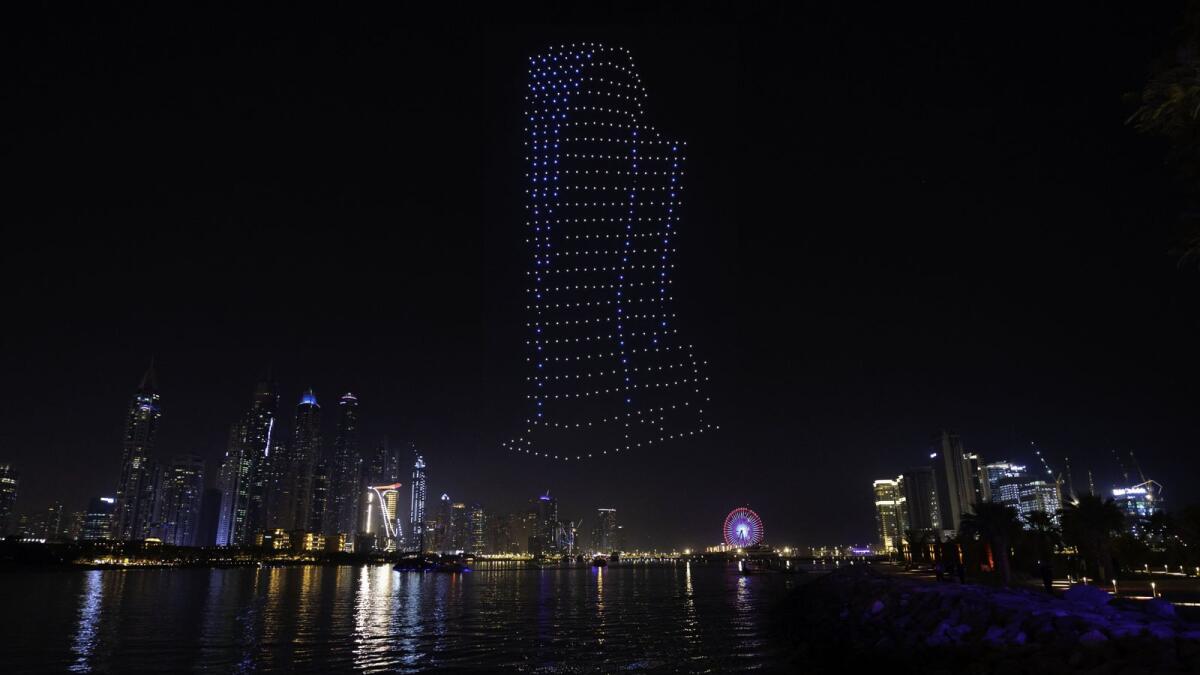 Drones display the design of AVA at Palm Jumeirah, Dorchester Collection Dubai. — Supplied photo