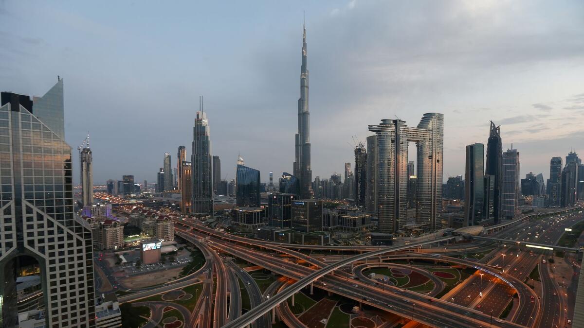 An aerial view of the Sheikh Zayed Road. The 2022 projections of the Emirates NBD are in line with the overall growth rate of the UAE economy projected for 2022 by the Central Bank. The apex bank expects the economy to expand by 4.2 per cent in 2022. — Reuters file photo