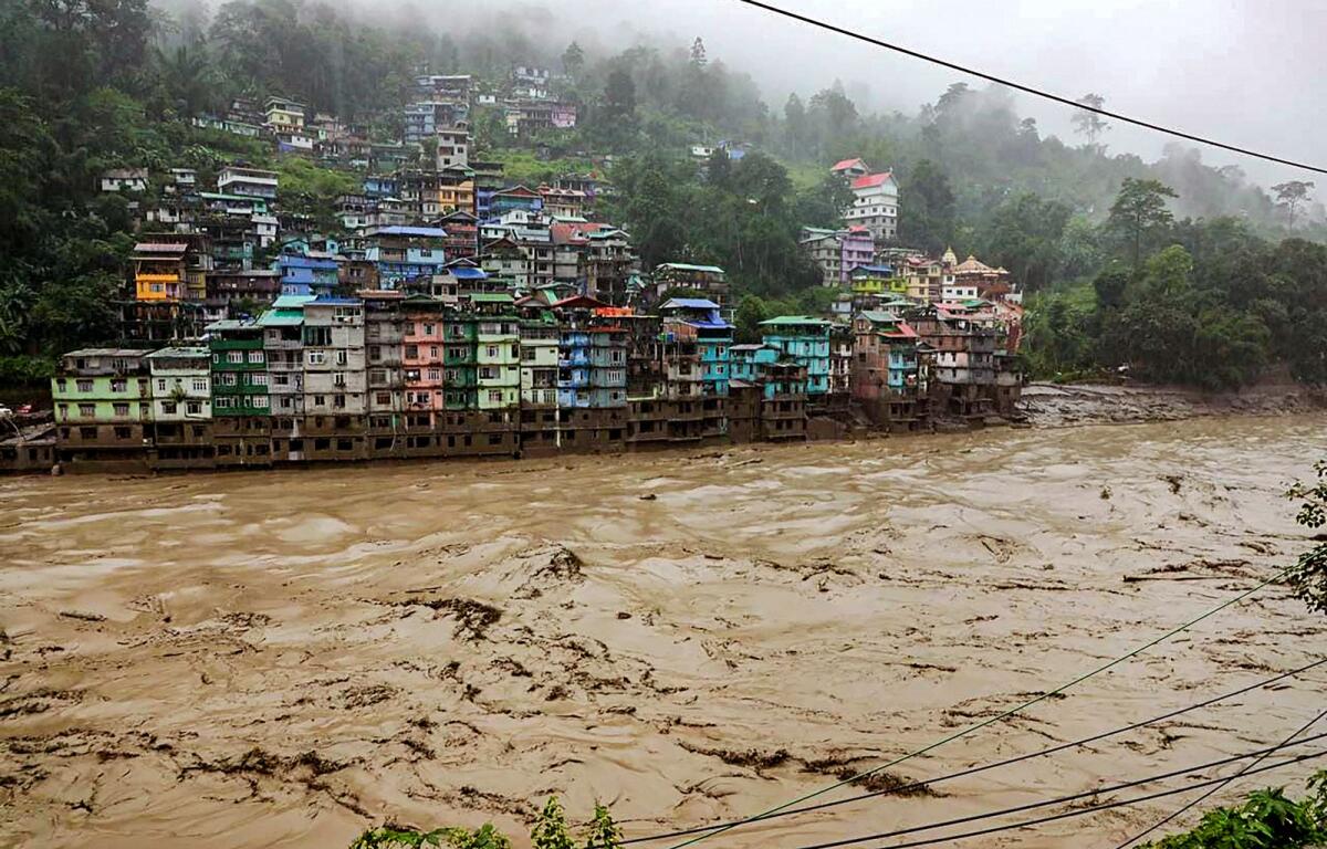 Flooded Teesta river in north Sikkim, Wednesday, Oct. 4, 2023. Photo: PTI