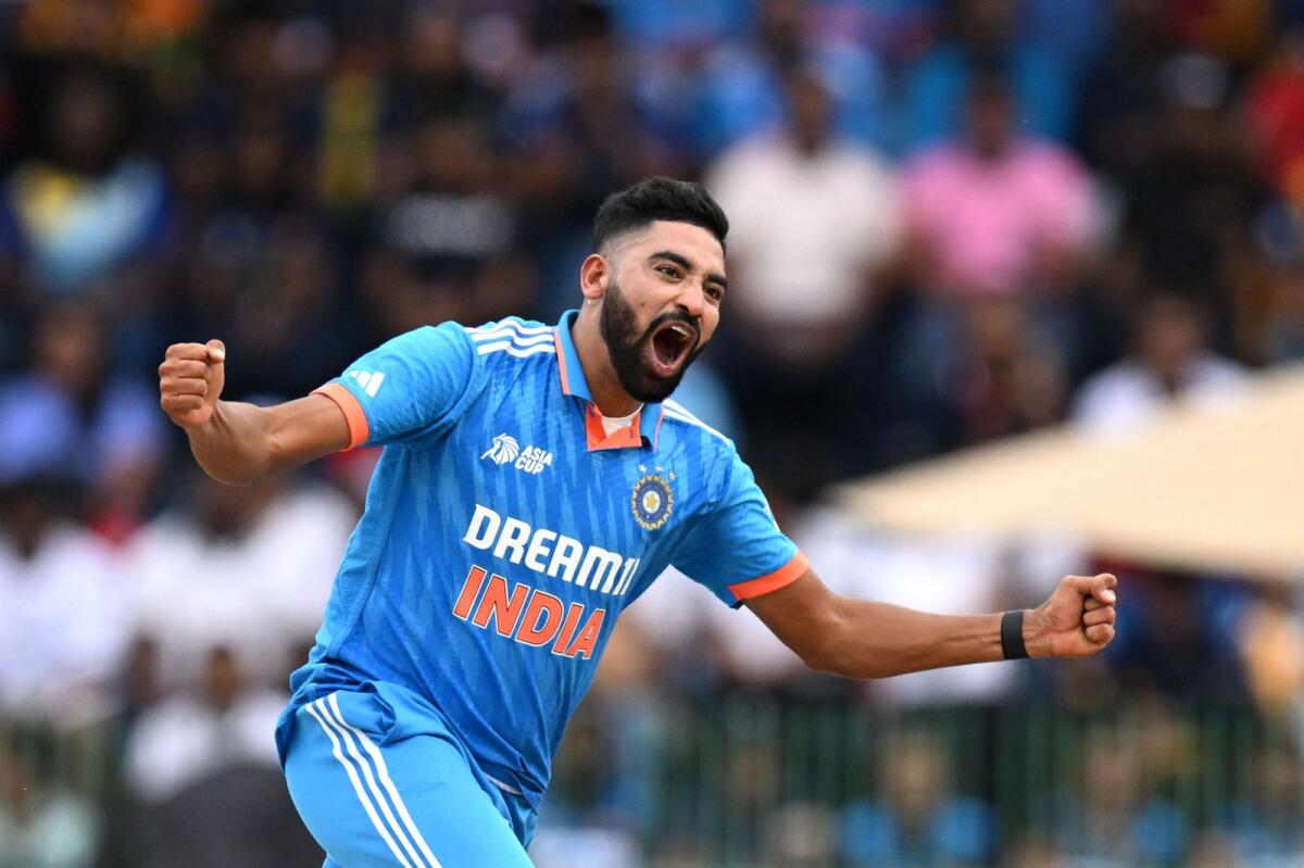 India's Mohammed Siraj celebrates after taking the wicket of Sri Lanka's Dhananjaya de Silva during the Asia Cup 2023 final. Photo: AFP