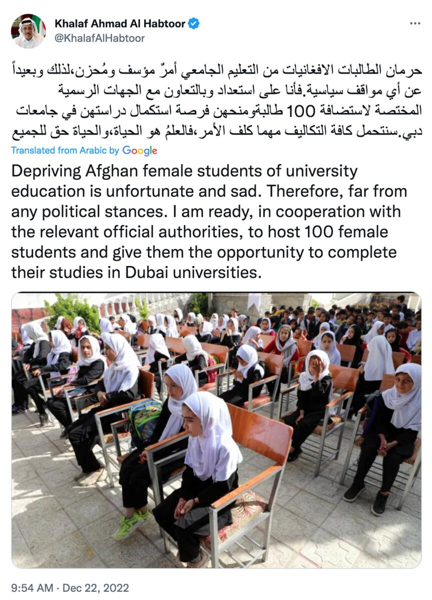 UAE billionaire offers to host 100 Afghan female students, help them complete studies in Dubai
