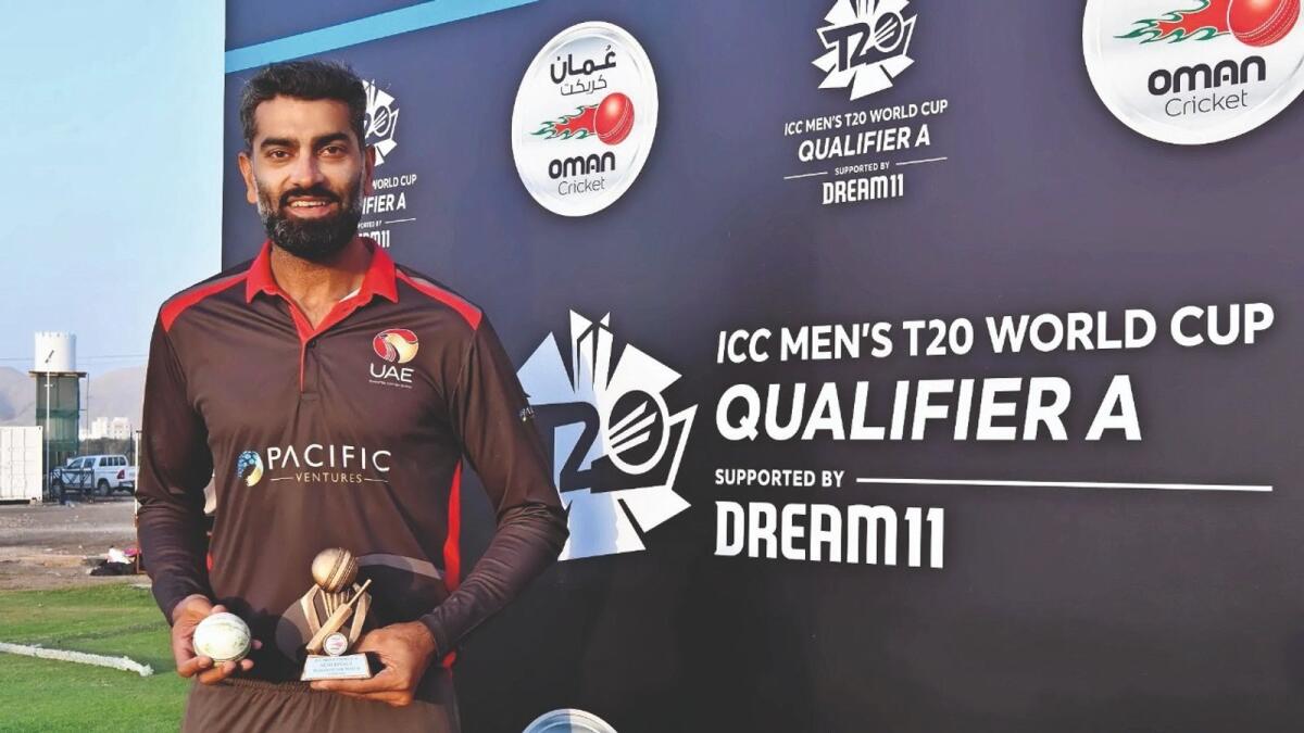UAE captain Ahmed Raza with the man-of-the-match trophy. (ICC)