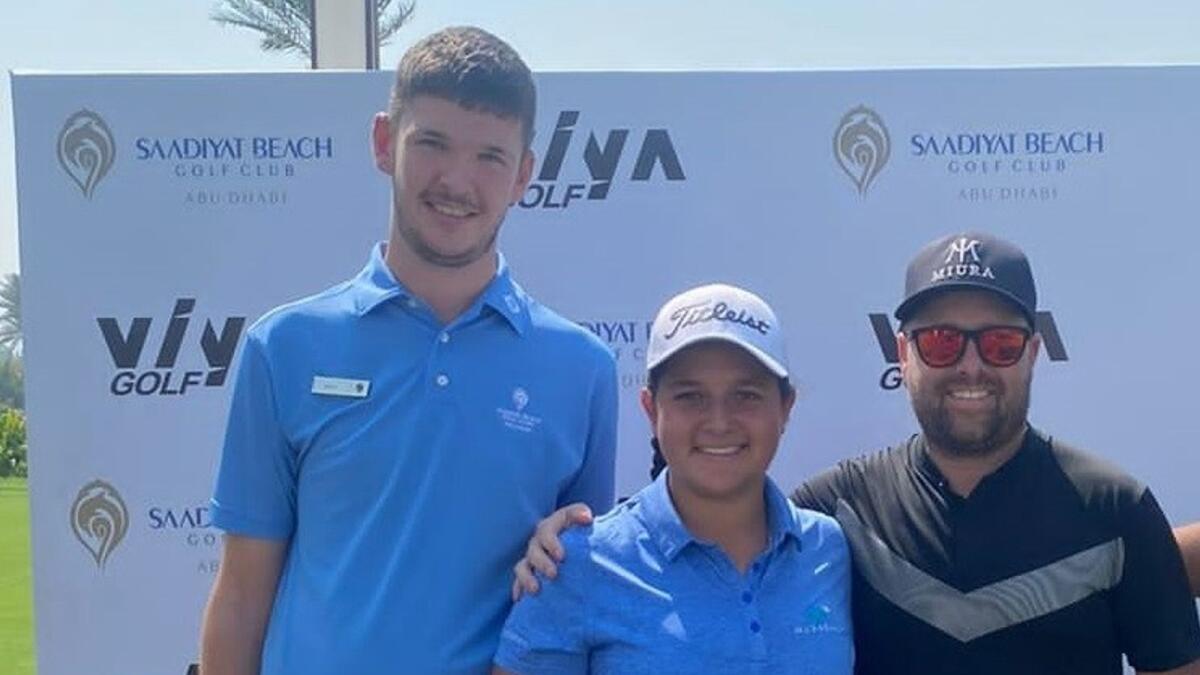 Sara Ali and Andrew Wood, winners of the UAE International Pairs at Saadiyat Beach Golf Club with Mason Geddes, Golf Services Executive (left). - Supplied photo