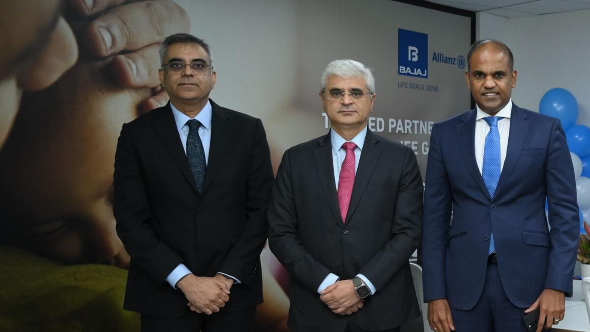 (Left to right) –  Dheeraj Sehgal, Chief Distribution Officer &amp; Head - Institutional Business, Tarun Chugh, MD &amp; CEO, Bajaj Allianz Life Insurance  &amp; Anil PM, Head – Legal, Compliance &amp; FPU at the inauguration of the company's office in Dubai.
