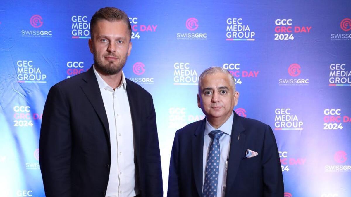 Besfort Kuqi, Co-Founder and CEO of Swiss GRC and Rajeev Dutt, GM, MEA &amp; APAC Swiss GRC at the launch in Dubai.