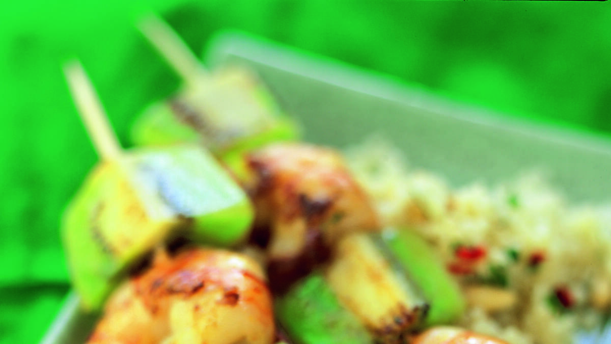 Barbecue Prawns and Kiwi Kebabs with Couscous