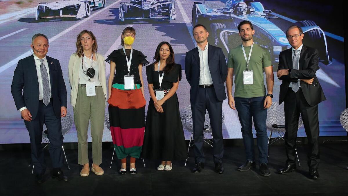 (from left to right) Carlo Ferro, President Italian Trade Agency; Elisa Vannini, Researcher Connected Car &amp; Mobility Observatory of Politecnico di Milano; Livia Cevolini, CEO Energica Motor Company S.p.A.; Nuzhat Naweedd, Chief Product Offier CAFU; Alfonso Fuggetta, Ceo Cefriel; Alberto Litta Modignani, VP Hydrogen Nextchem; Andew DeFrancesca, Sales And Business Development Manager eka; Nicola Lener, Ambassador of Italy to the UAE. — Supplied photos