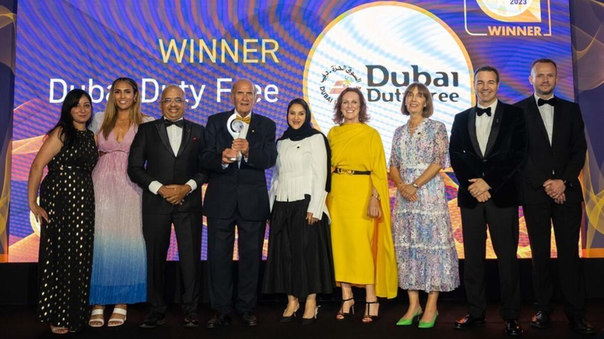 Dubai Duty Free officials on stage at the Frontier Awards included Colm McLoughlin, E Ramesh Cidambi, Sinead El Sibai, Mona Al Ali, Michael Schmidt and Sharon Beecham. Also seen is Kapila Ireland and Felix Barlow along with a representative of Diageo Global Travel. - Supplied photo