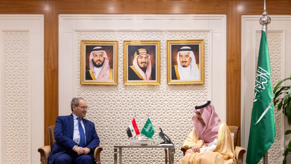 Saudi Foreign Minister Prince Faisal bin Farhan bin Abdullah meets with his Syrian counterpart Faisal Mekdad in Riyadh in March. — Photo: Reuters file