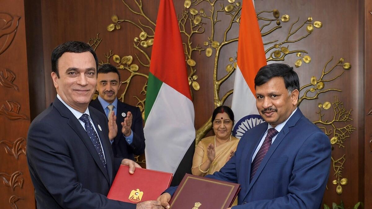 External Affairs Minister Sushma Swaraj with Sheikh Abdullah bin Zayed Al Nahyan, UAE Minister of Foreign Affairs and International Cooperation during an exchange of agreements between India and UAE, in New Delhi.- PTI
