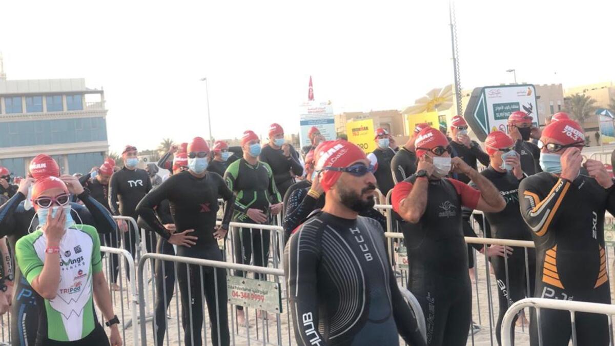 Participants get ready for the Ironman Triathlon Championship in Dubai on Friday morning. — Photo by Anjana Sankar