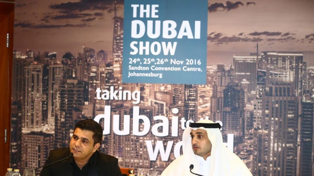 Sajid Ali and Sultan Al Suwaidi speaking at Dubai Show Press conference in Dubai on Monday. 