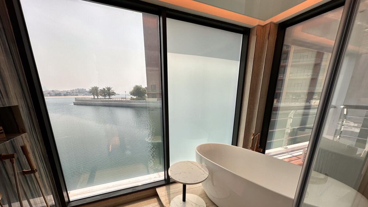 NA010724-NM-VILLA. Bathroom with a view inside the Neptune by Kempinski, a floating villa in Dubai. Photo by Neeraj Murali.