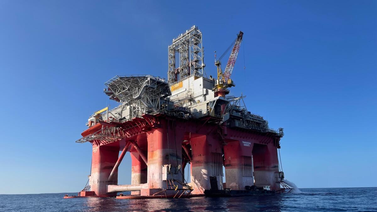 This undated picture released by TotalEnergies shows the drilling rig, Transocean Barents, which arrived at its location in the Mediterranean Sea on Wednesday. The rig is expected to begin drilling in September in Lebanese waters near the border with Israel after the two countries reached a deal last year on their maritime border. — AP