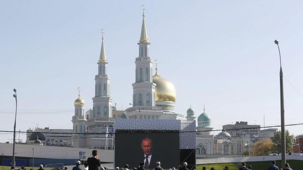 Russian President Vladimir Putin as he delivers a speech at a ceremony to open the Moscow Grand Mosque.
