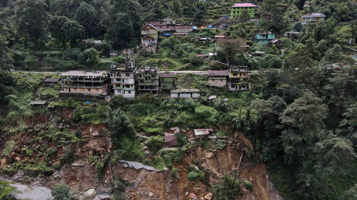A drone view of damaged roads and houses that were washed away by flash floods in Naga-Namgor village, Sikkim, in 2023. Photo: Reuters file