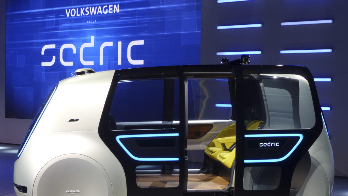 A Sedric concept car is displayed during a Volkswagen event prior to the 87th Geneva Auto Show in Geneva, Switzerland, Monday, March 6, 2017. AP