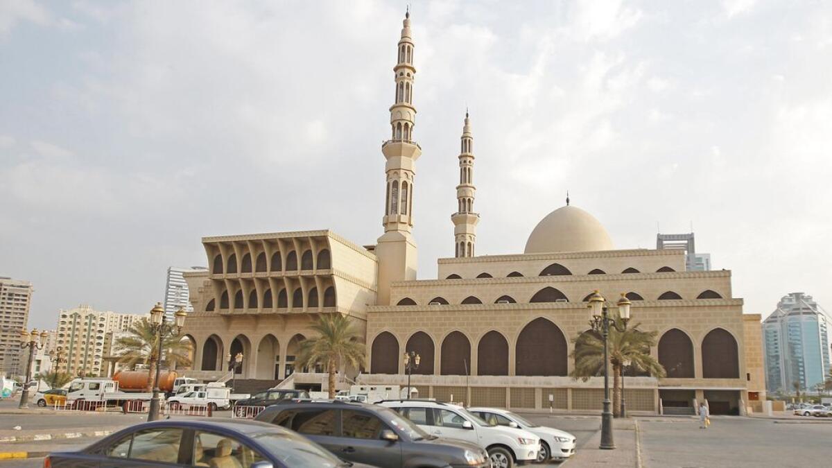 A view of the cars parked outside the King Faisal Mosque in Sharjah