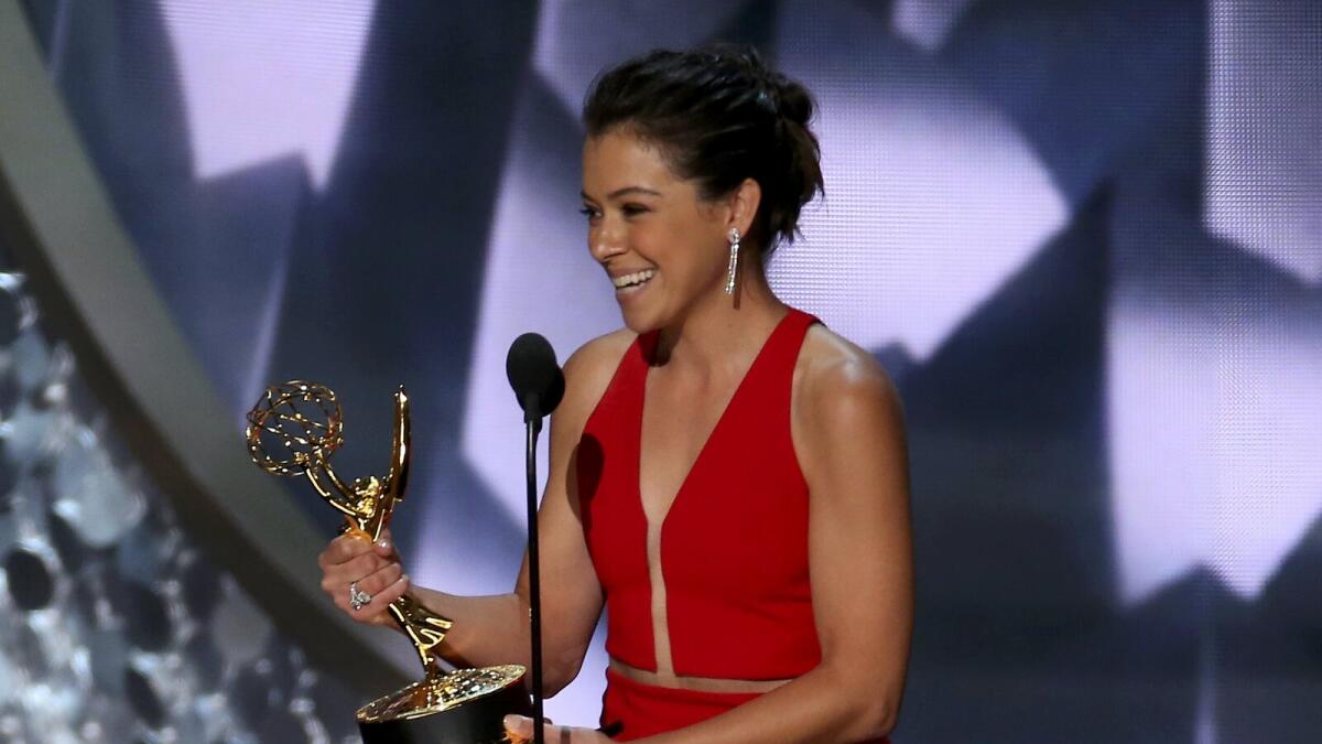 Tatiana Maslany accepts the award for Outstanding Lead Actress In A Drama Series for 'Orphan Black' at the 68th Primetime Emmy Awards in Los Angeles, California, U.S., September 18, 2016.   Reuters