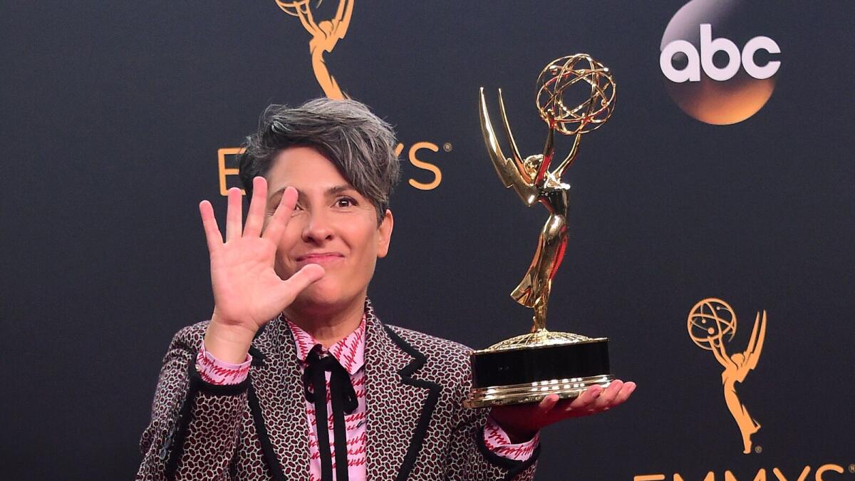 Jill Soloway poses with the Emmy for Best Director of a Comedy Series 'Transparent,'  in the press room during the 68th Emmy Awards on September 18, 2016 at the Microsoft Theatre in downtown Los Angeles.  AFP