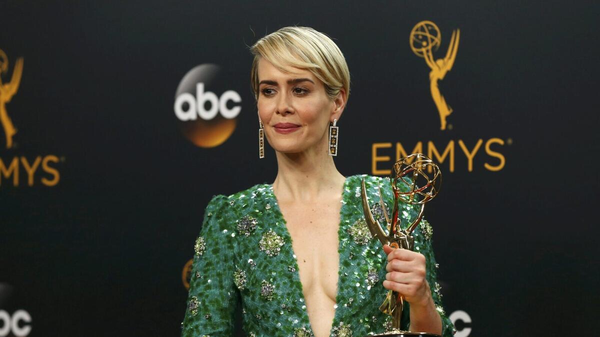 Sarah Paulson poses backstage with her award for Outstanding Lead Actress In A Limited Series Or Movie for 'The People v. O.J. Simpson: American Crime Story' at the 68th Primetime Emmy Awards in Los Angeles, California US, September 18, 2016.  Reuters