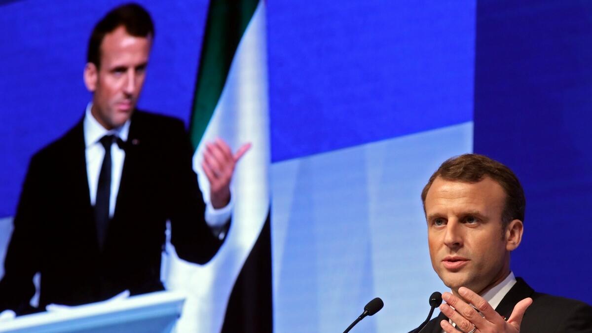 French President Emmanuel Macron delivers a speech