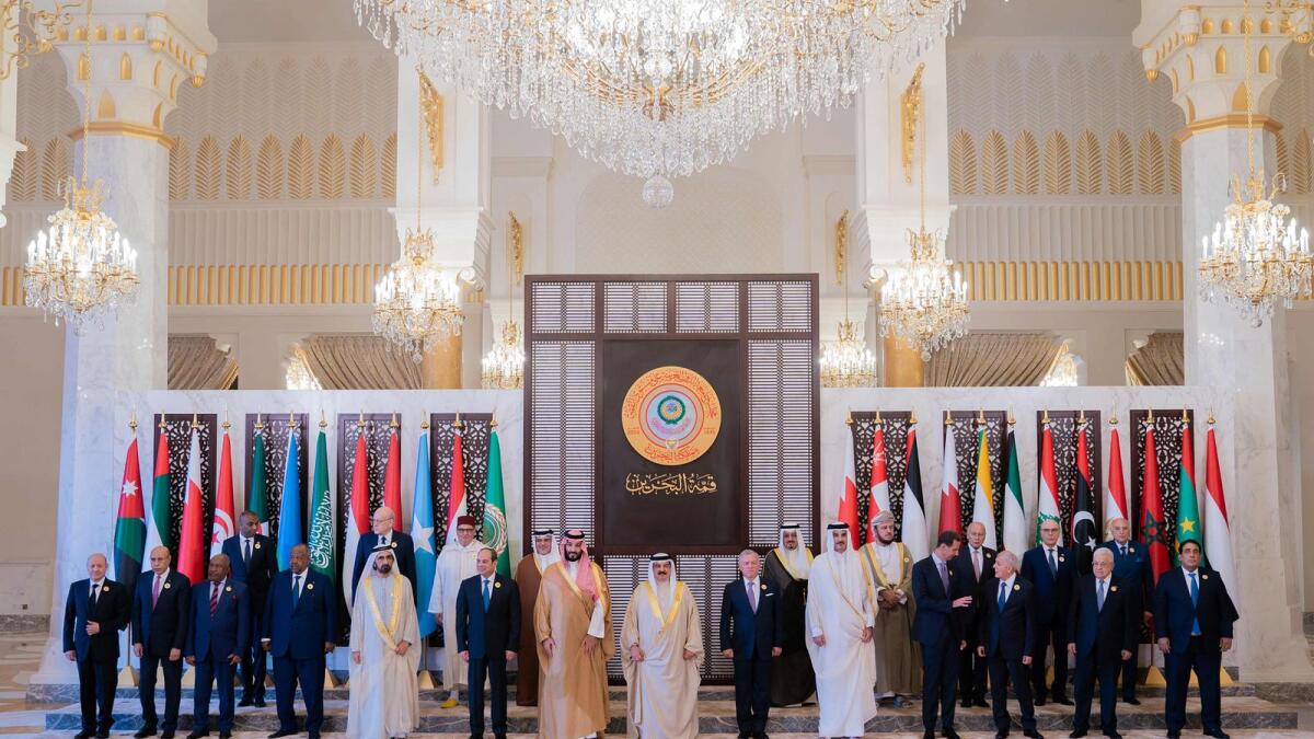 Arab leaders pose for a photo at the Arab League meeting in Manama. — Photo: AFP