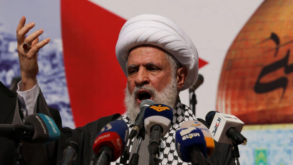 Lebanon's Hezbollah deputy leader Sheikh Naim Qassem speaks during a rally supporting Palestinians in Gaza, amid the ongoing conflict between Israel and the Palestinian Islamist group Hamas on Friday. — Reuters