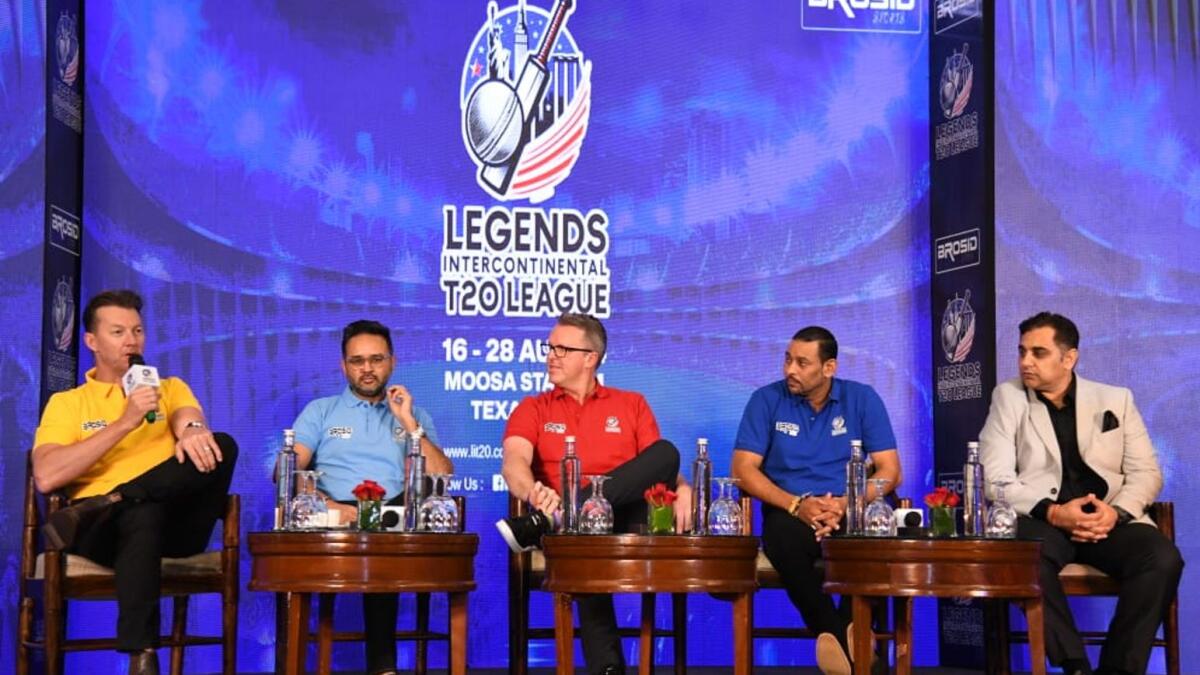 Brand ambassador Brett Lee (L) with organisers  of the Legends Intercontinental T-20 league at the launch in Indian on Thursday. - Supplied photo