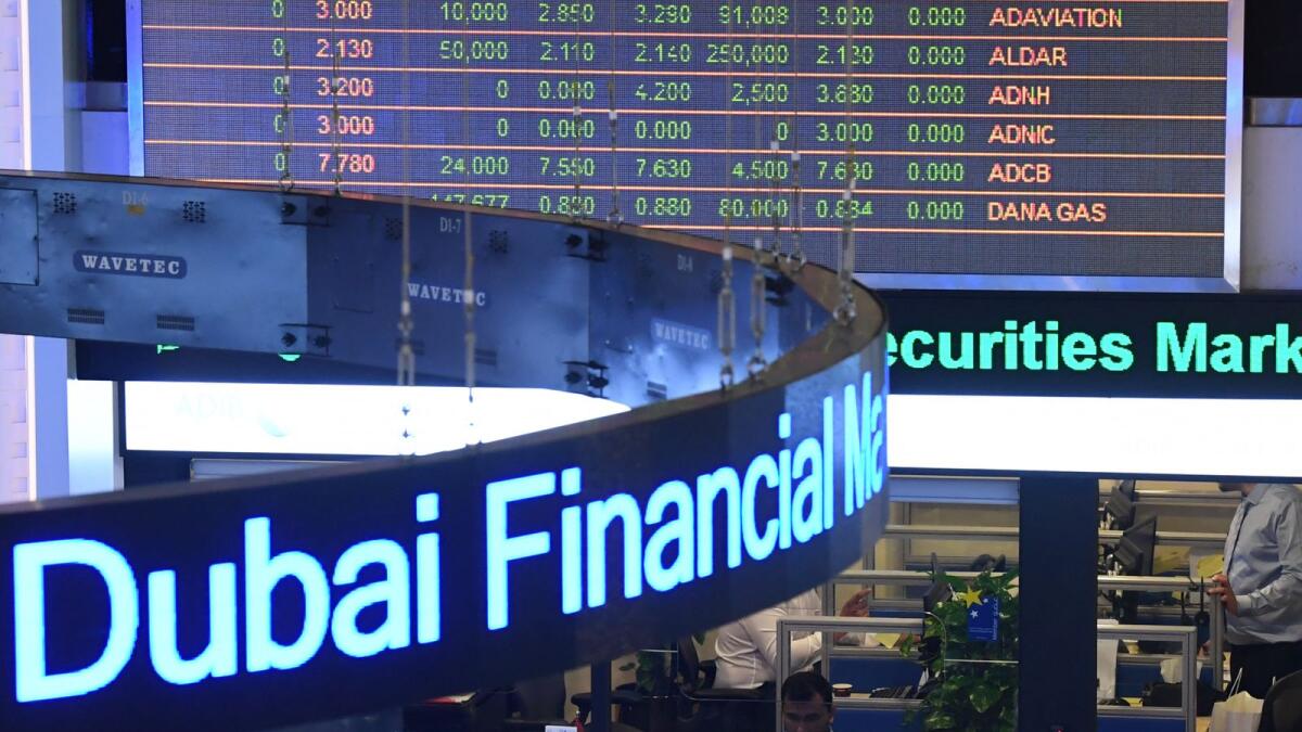 The Dubai Financial Market. The total value of shares traded during the month increased at a relatively lower pace of 11.1 per cent to reach Dh8.8 billion. — AFP