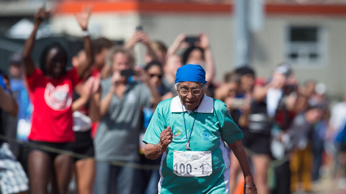 Man Kaur, 100, of India, competes in the 100-meter track and field event at the Americas Masters Games in Vancouver, British Columbia, Monday, Aug. 29, 2016. AP