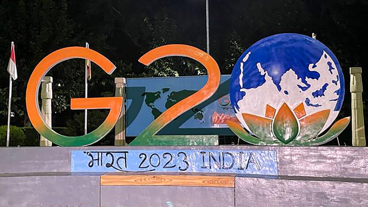 The G20 logo flanked by a row of decorative pillars bearing flags of member countries at a newly-developed 'G20 Park' in south Delhi on August 28, 2023. Photo: PTI