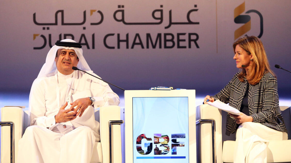 BZ170216-DS-GBF- HE Jamal Majid bin Thaniah, Vice Chairman, DP World, UAE and Andrea Catherwood, International Broadcaster during the Global Business Forum at the Atlantis Hotel in Dubai on Wednesday,  17 February 2016. Photo by Dhes Handumon