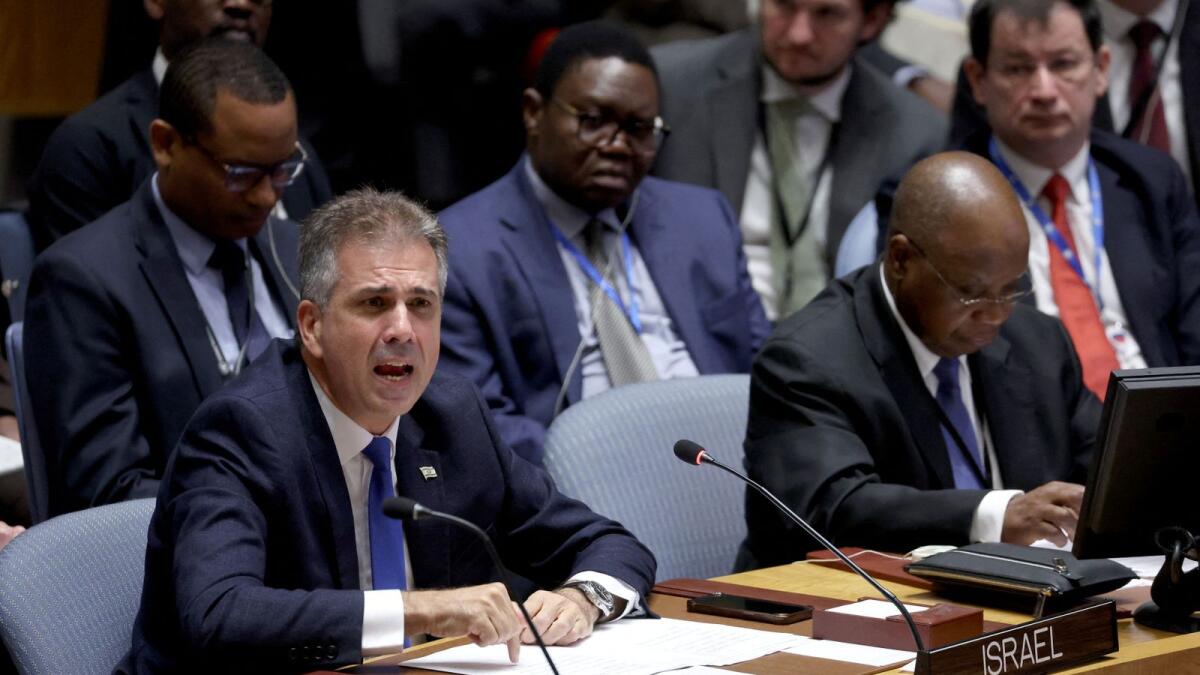 Israel's Foreign Affairs Minister Eli Cohen speaks during a meeting of the Security Council on the conflict between Israel and Hamas at the UN headquarters in New York on October 24. — Reuters