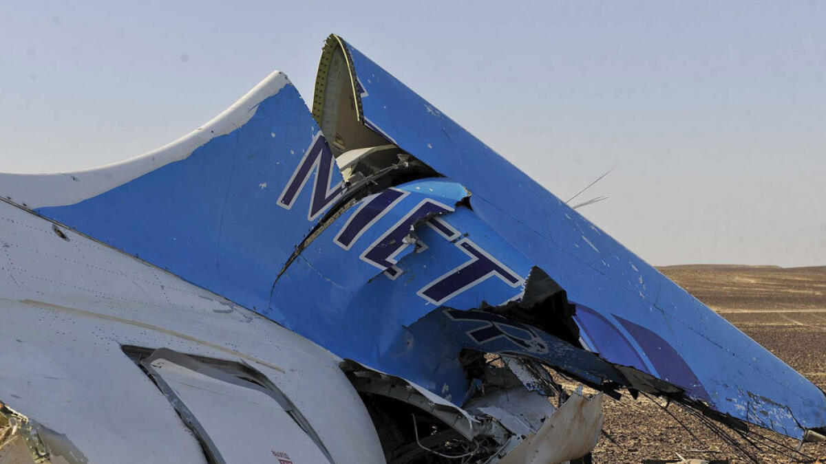 The remains of a Russian airliner which crashed is seen in central Sinai near El Arish city.