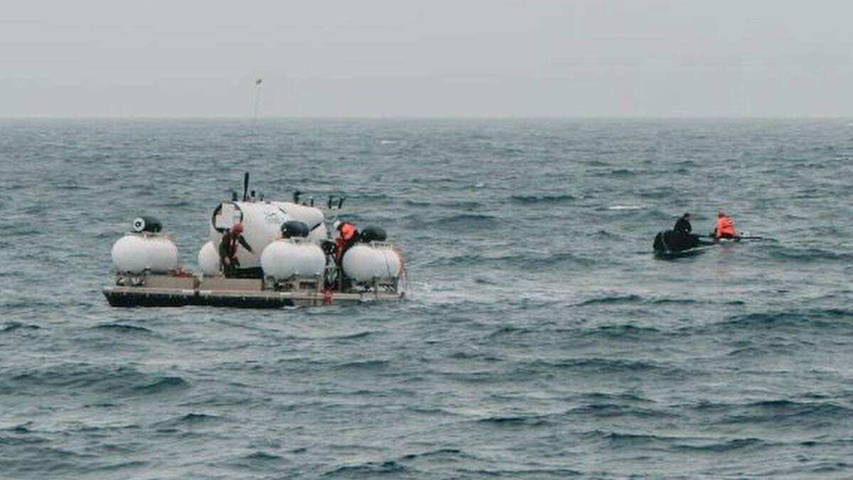 In this photo released by Action Aviation, the submersible Titan is prepared for a dive into a remote area of the Atlantic Ocean on an expedition to the Titanic on Sunday — Action Aviation via AP