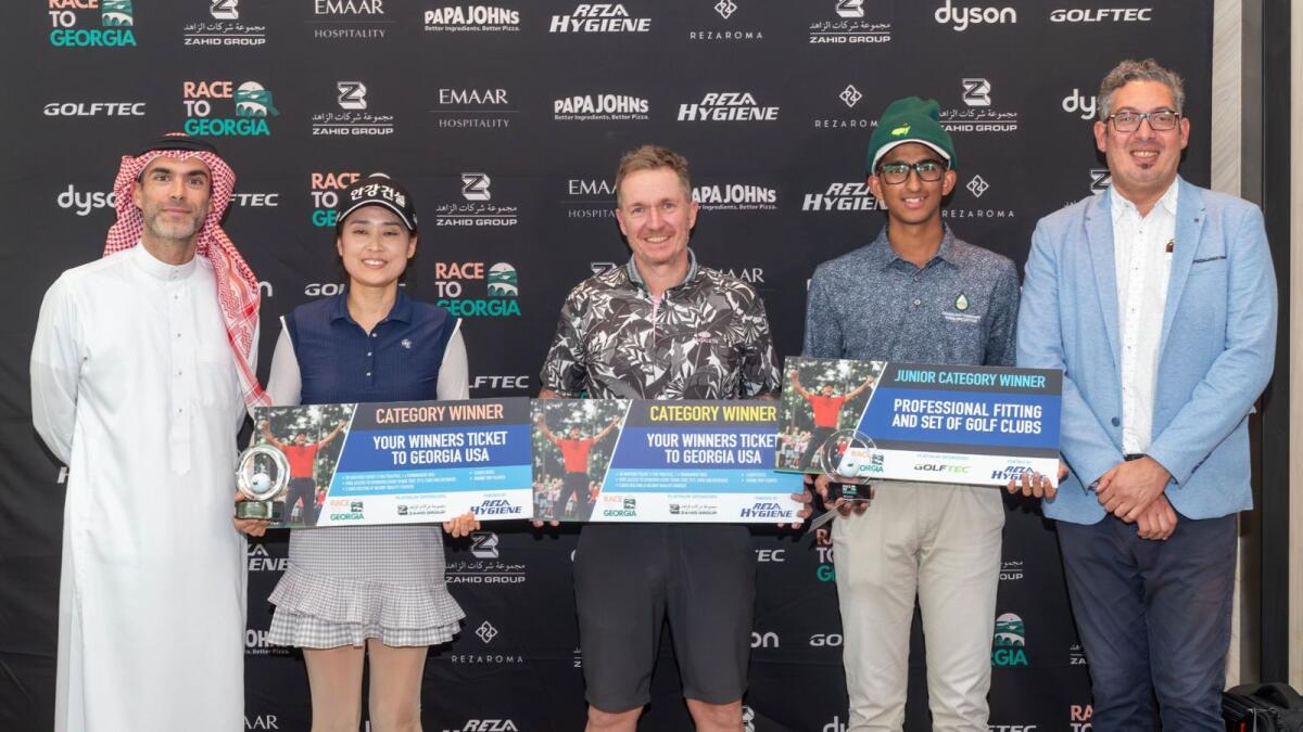 Left to right: Mishall Alireza, winners KH Kim, Kevin Duffield and Maaz Bin Saad (Junior) along with Mohamed Solaimani, Deputy General Manager of Riyadh Golf Club at the Race to Georgia presentation - Supplied photo