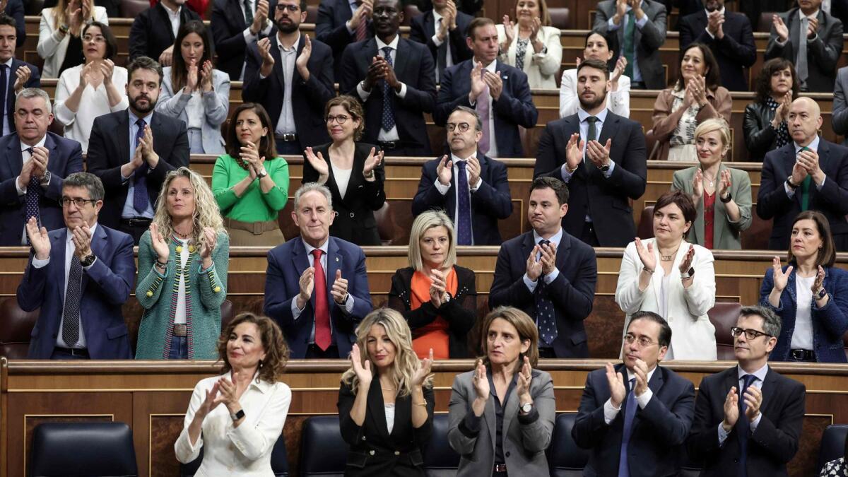 Members of the government and MPs applaud as Spain's Prime Minister delivers a speech to announce that it will recognise Palestine as a state on May 28, at the Congress of Deputies in Madrid on Wednesday. Photo: AFP