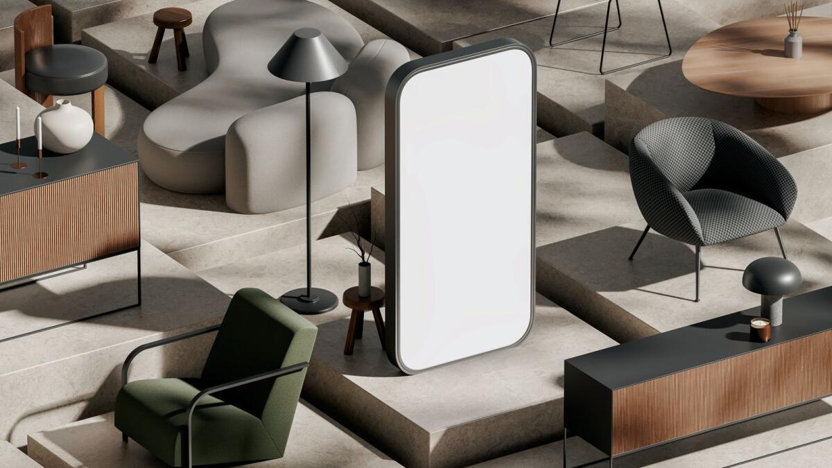 Smartphone with mock up screen standing among furniture items. Concept of online furniture store shopping. 3d rendering