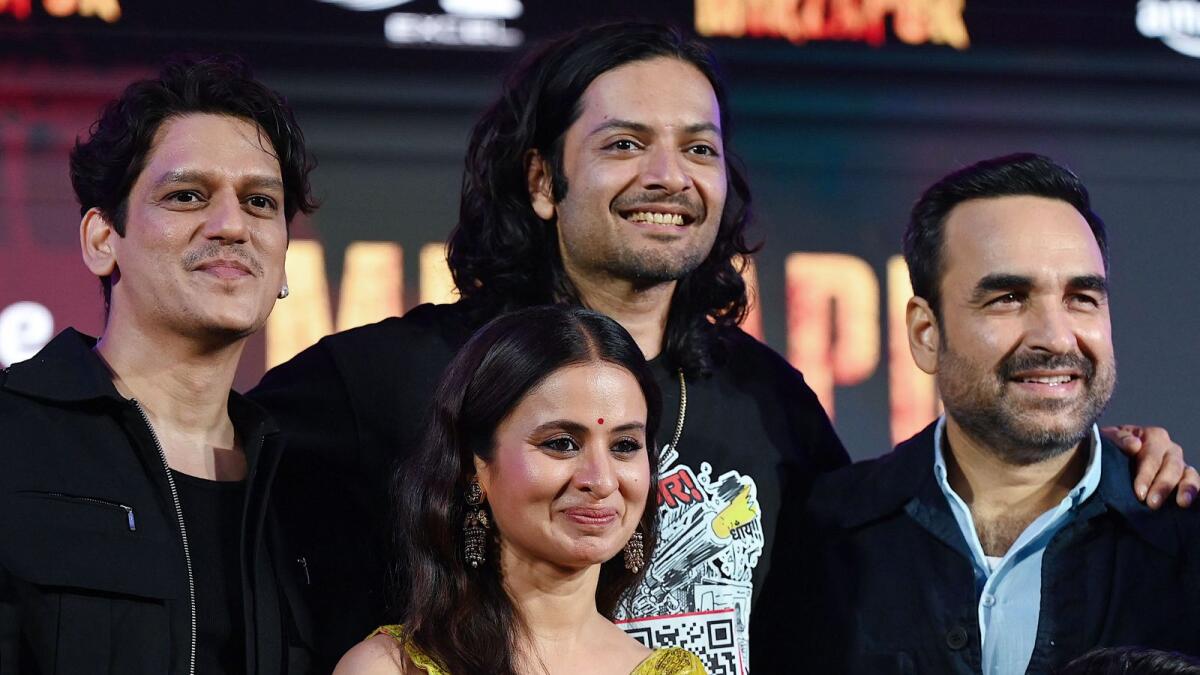 (L-R) Bollywood actors Vijay Varma, Rasika Dugal, Ali Fazal and Pankaj Tripathi attend the trailer launch of their upcoming Indian Hindi-language series 'Mirzapur' season 3. (Photo by AFP.)