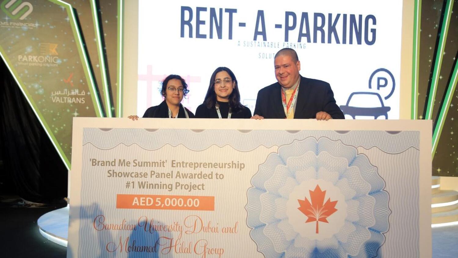 Ramisha and Fatma receive first prize at the Entrepreneurship Showcase for their idea at the Brand Me Summit. — Supplied photo