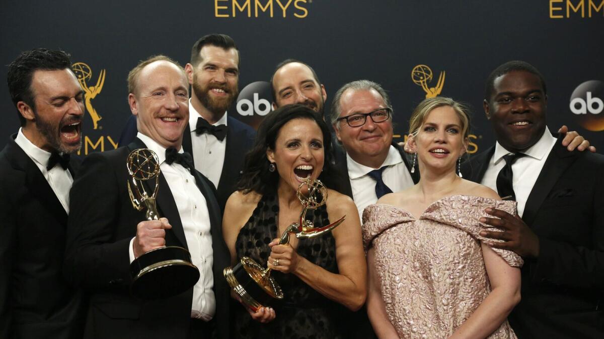 The cast and crew of 'Veep' pose backstage with their award for Outstanding Comedy Series at the 68th Primetime Emmy Awards in Los Angeles, California US, September 18, 2016.  Reuters