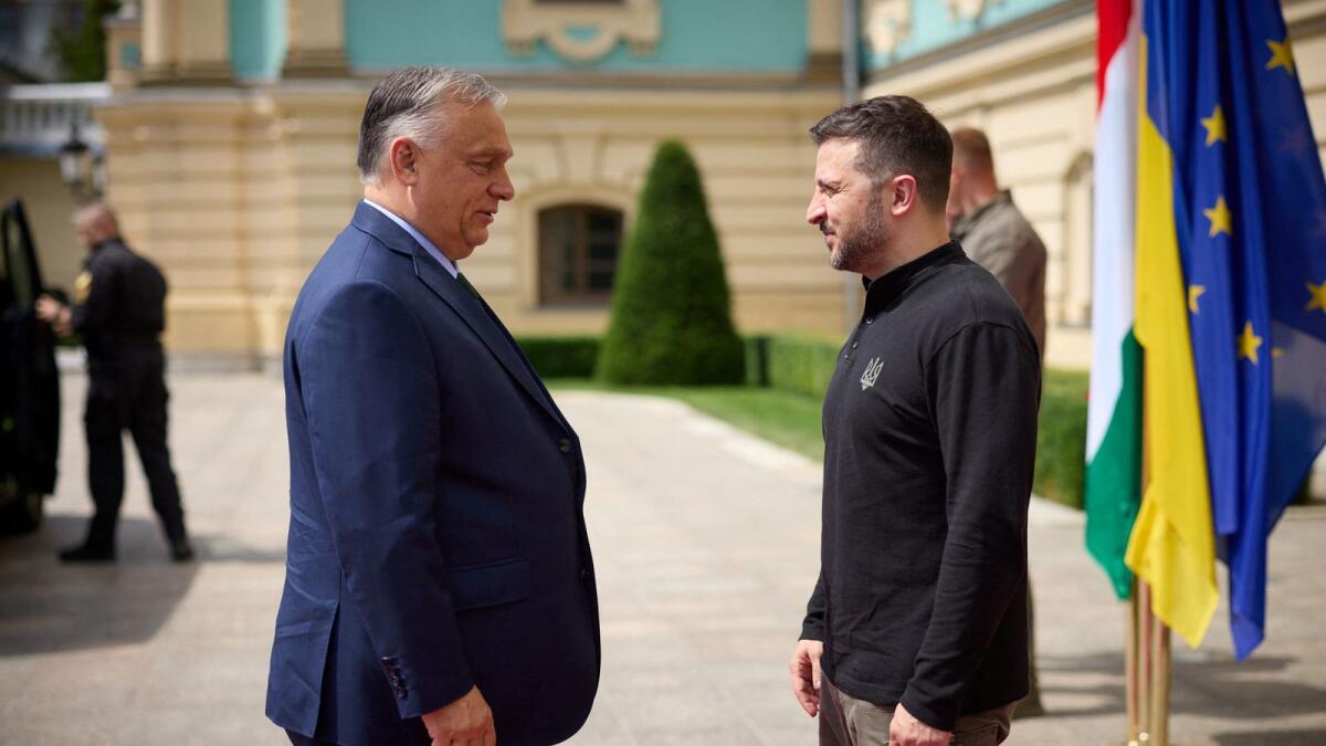 Ukraine's President Volodymyr Zelensky meets Hungary's Prime Minister Viktor Orban in Kyiv on Tuesday. — Reuters