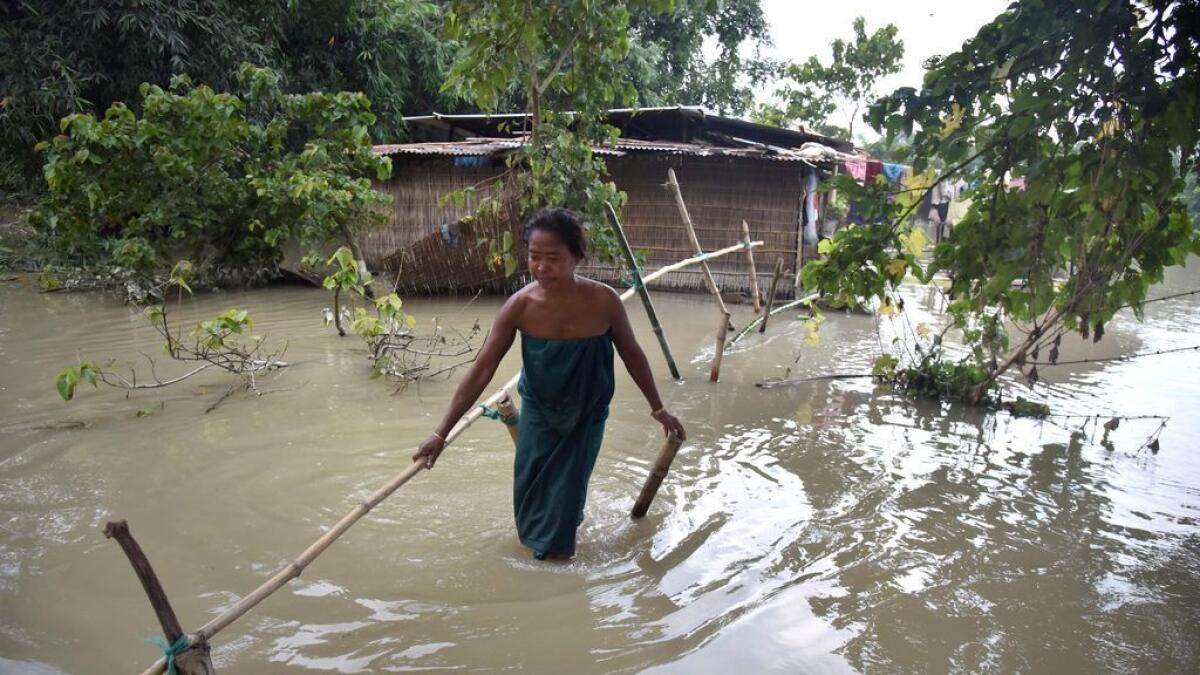An Indian Bodo tribal woman crosses flood waters along a bamboo bridge in the flood affected Bordiya Kacharigoan village in Morigoan district in Assam. 