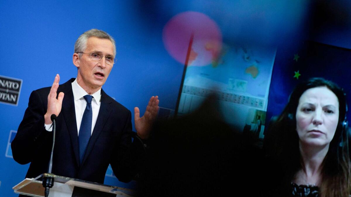 Nato Secretary General Jens Stoltenberg speaks during a press conference following a video conference with Nato Defence Ministers, at the Nato headquarters in Brussels on Thursday.  — AFP