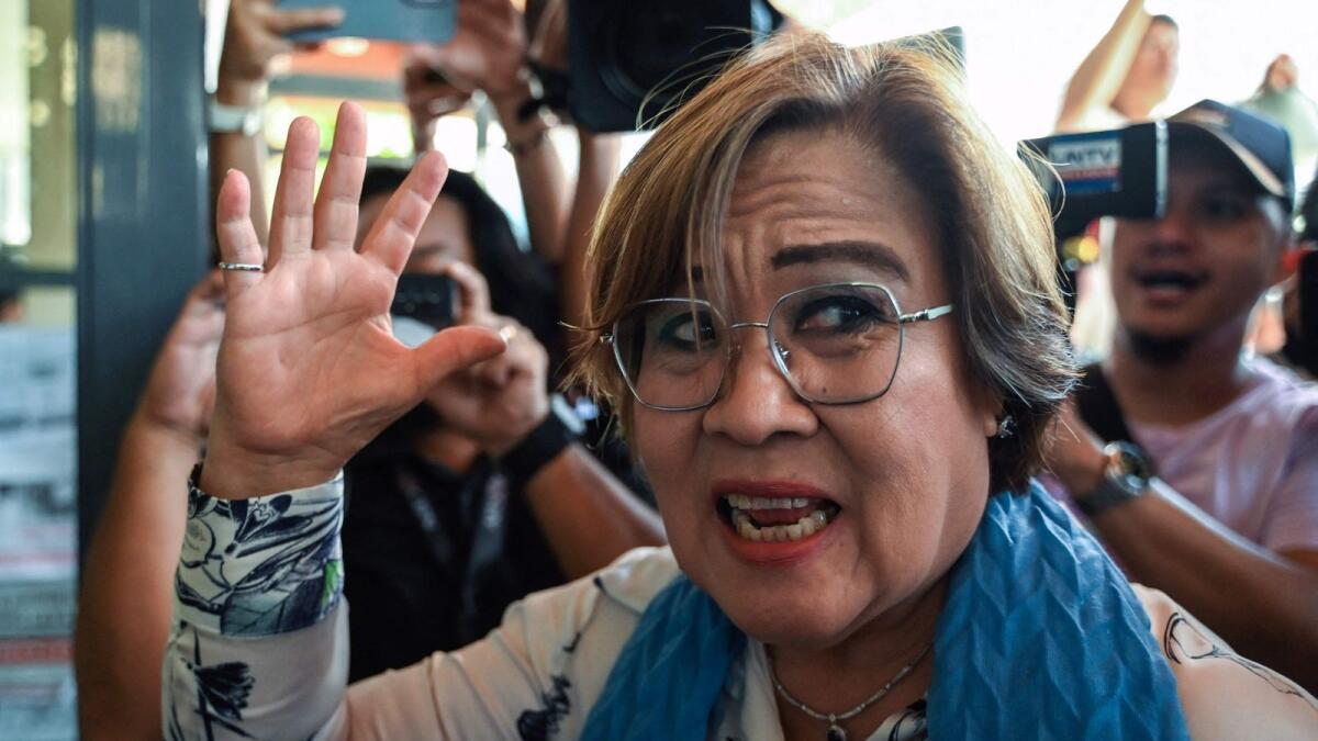 Leila de Lima arrives to attend a court hearing in Muntinlupa, suburban Manila, on June 24, 2024. Photo: AFP