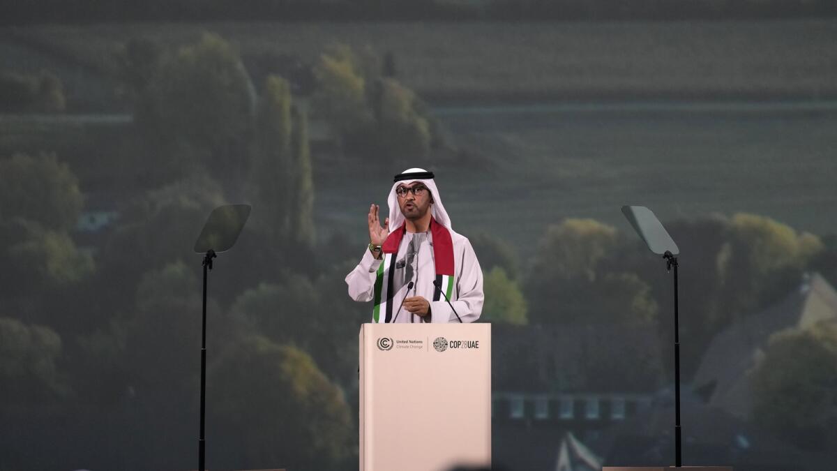 COP28 President Sultan Al Jaber speaks during a session at the summit. - AP